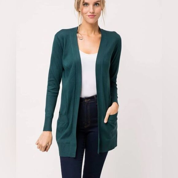 J. Jill Linen Blend Green Open Front Longline Duster Cardigan Size LP - Picture 1 of 12